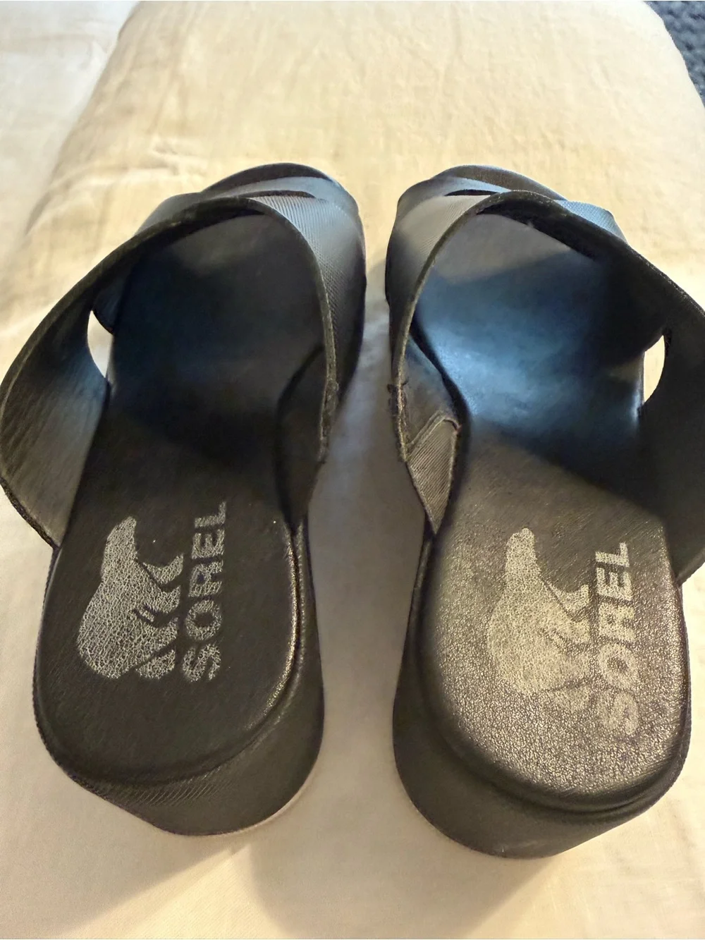Sorel Black Cross-Band Wedge Slide Sandals